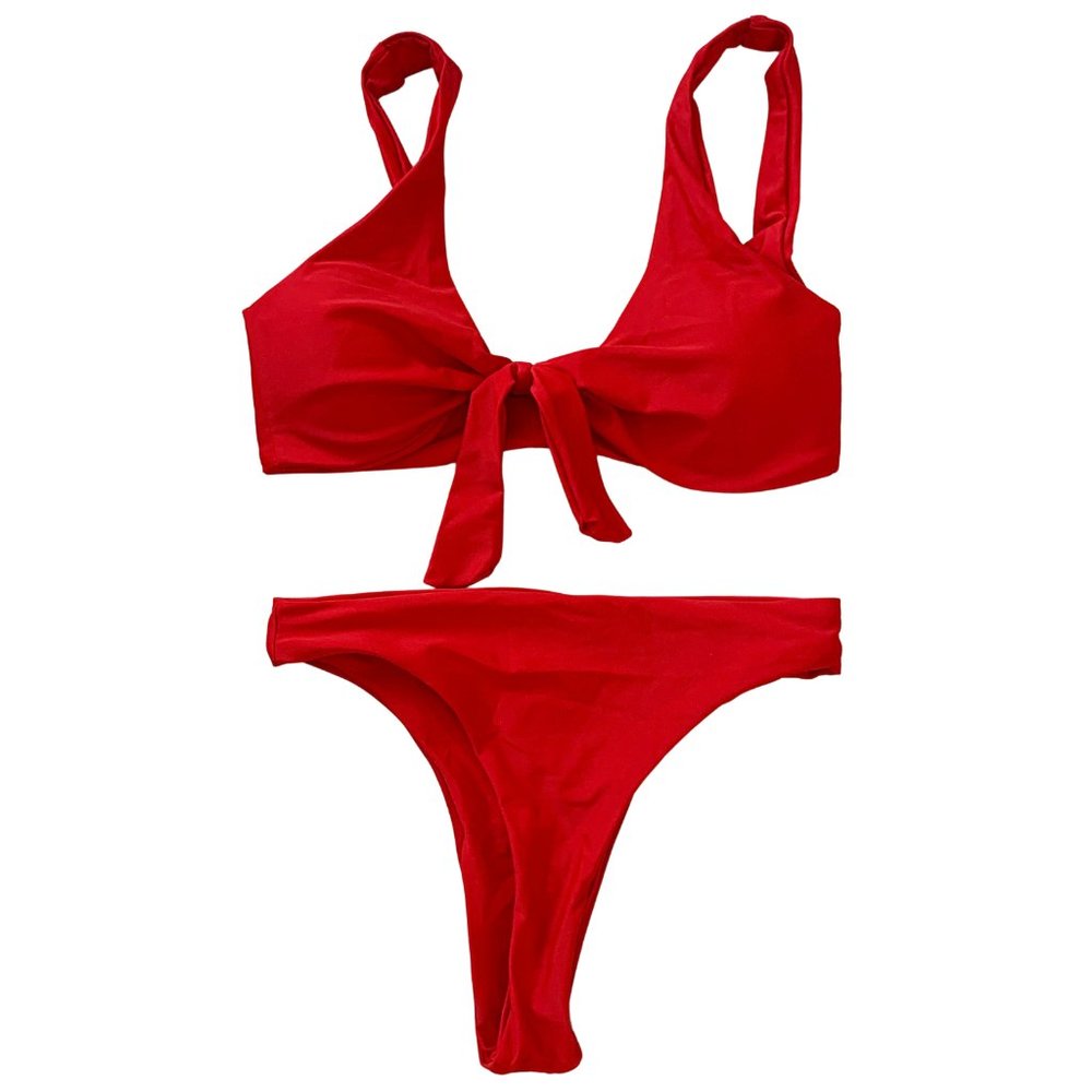 Tie-Front Cheeky Thong Bikini in Red - Picture 2 of 6